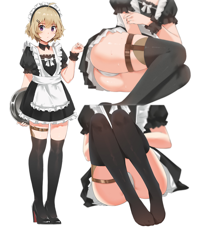 1girl black_footwear black_legwear hair_ornament hairclip hand_up high_heels iwanaga_kotoko kyokou_suiri lan_(a1553274327) light_brown_hair maid multiple_views panties pantyshot pantyshot_(sitting) prosthesis prosthetic_leg puffy_short_sleeves puffy_sleeves scrunchie short_sleeves sitting thigh-highs tray underwear violet_eyes white_background white_panties wrist_scrunchie