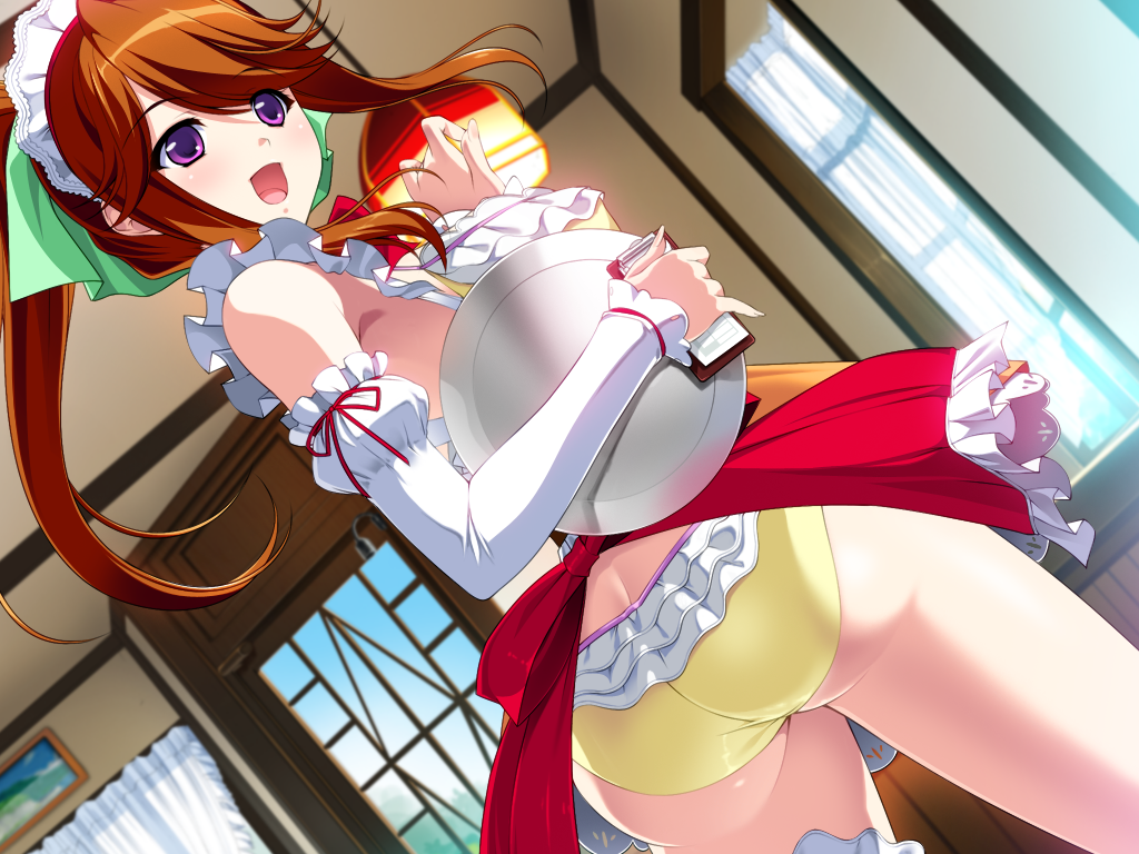 1girl ashtray ass berochu! breasts butt_crack dutch_angle elbow_gloves floating_hair from_behind game_cg happy highres holding indoors large_breasts legs long_hair looking_back maid maid_headdress misono_chiharu nakano_sora open_mouth orange_hair panties ponytail sideboob smile solo standing thighs underwear violet_eyes yellow_panties