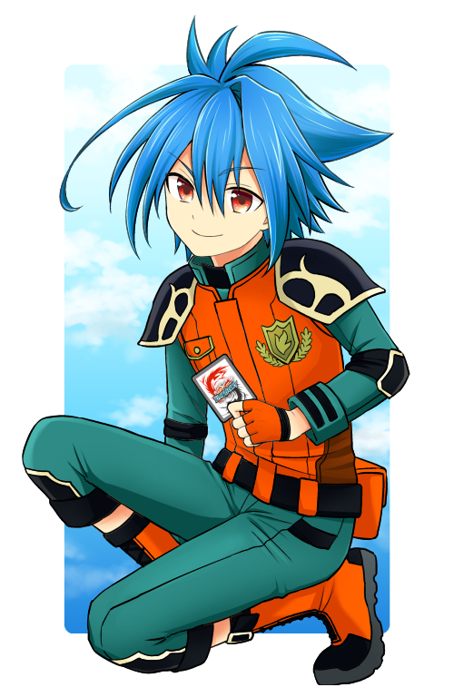 1boy blue_hair blue_sky boots card child clouds fingerless_gloves future_card_buddyfight gloves looking_at_viewer male_focus ryuuenji_tasuku sky smile solo