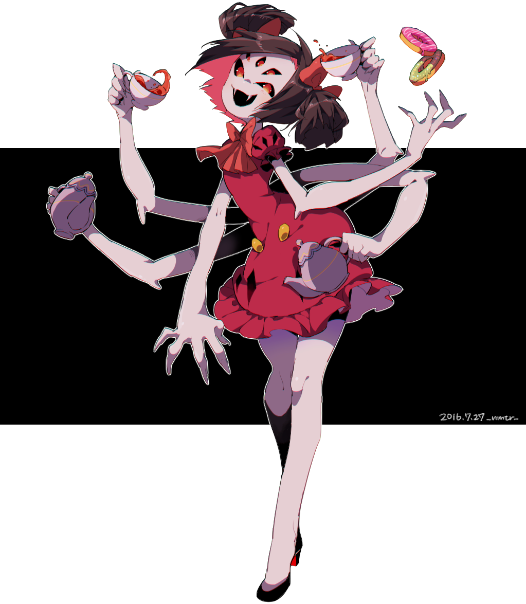 1girl bow extra_arms extra_eyes fang high_heels muffet ribbon solo spider_girl tea undertale