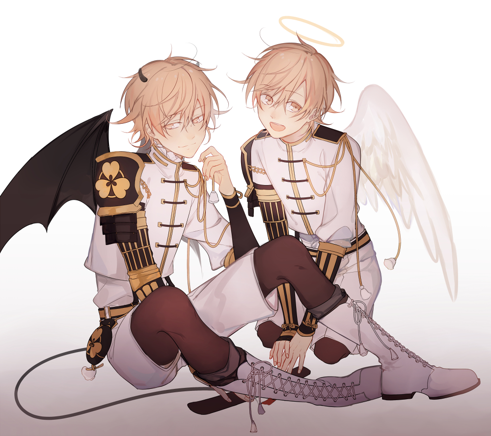 2boys angel_wings armor blonde_hair boots child closed_mouth comaco cross-laced_footwear demon_wings dual_persona frills full_body gradient gradient_background half-closed_eyes halo horns japanese_armor knees_up lace-up_boots legwear_under_shorts male_focus military_uniform monoyoshi_sadamune multicolored_hair multiple_boys open_mouth pantyhose personification shorts simple_background sitting smile sword tail touken_ranbu two-tone_hair uniform wavy_hair weapon wings yellow_eyes