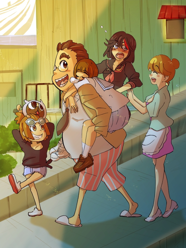 artist_request brown_hair family glasses guts_(kill_la_kill) kill_la_kill mankanshoku_barazou mankanshoku_mako mankanshoku_matarou mankanshoku_sukuyo matoi_ryuuko multicolored_hair multiple_boys multiple_girls piggyback shorts sunglasses