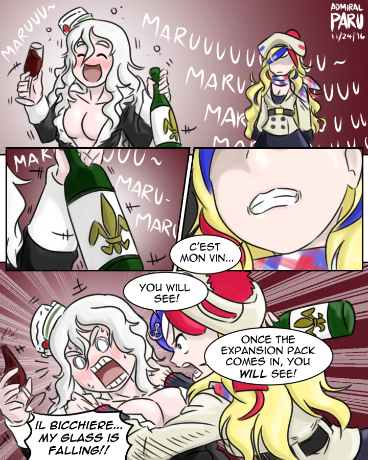 2girls :d ^_^ admiral_paru alcohol alternate_costume anchor_hair_ornament artist_name blonde_hair blush bottle breasts civilization_(series) civilization_vi cleavage clenched_teeth closed_eyes collarbone comic commandant_teste_(kantai_collection) commentary crossover cup curly_hair dated drinking_glass drunk english fleur_de_lis french hair_ornament hat headgear holding italian kantai_collection long_hair multicolored_hair multiple_girls open_mouth pola_(kantai_collection) scarf silver_hair smile sweat teeth translation_request wine wine_bottle wine_glass
