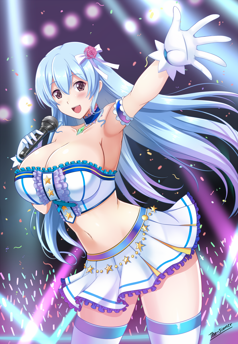 1girl arm_up armpits bare_shoulders blue_hair blush breasts brown_eyes cyan_eyes hair_ornament hair_ribbon huge_breasts idol long_hair looking_at_viewer midriff navel skirt smile solo standing the-sinnerz thigh-highs
