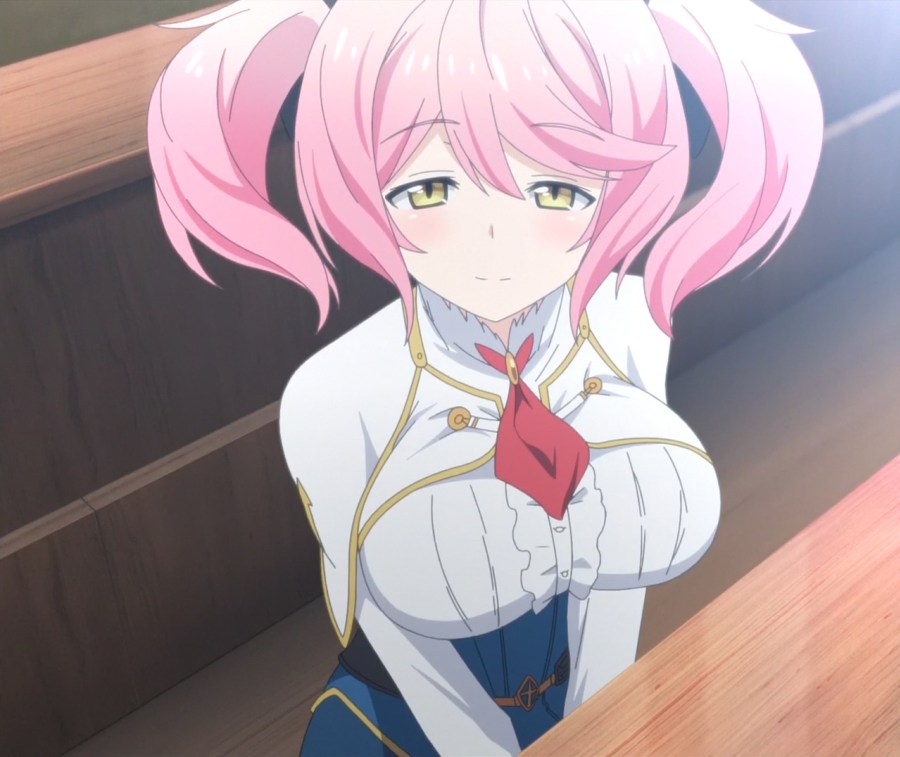 1girl blush breasts classroom female large_breasts looking_at_viewer necktie philuffy_aingram pigtails pink_hair saijaku_muhai_no_bahamut school_uniform short_hair short_twintails solo tied_hair twintails yellow_eyes