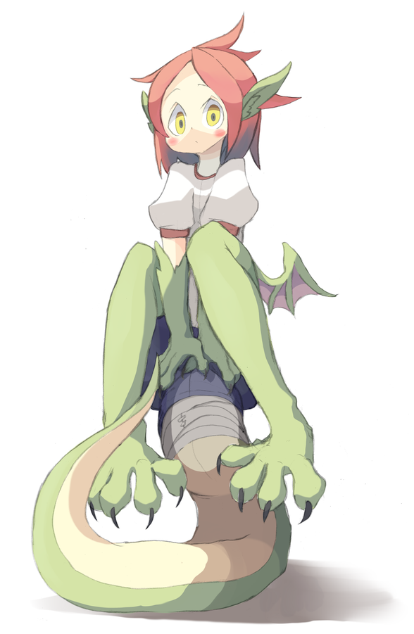 1girl 4139 bike_shorts blush_stickers dragon_girl female full_body monster_girl original pointy_ears simple_background solo tail tail_stand white_background wings yellow_eyes