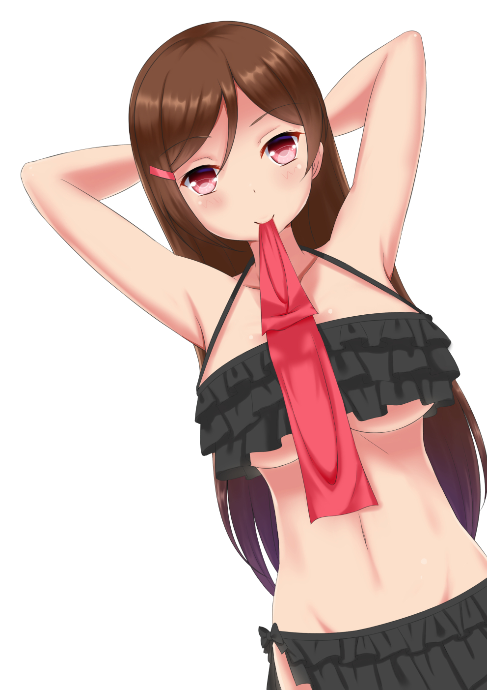 anthropomorphization bikini blush brown_hair hair_ornament hairpin jewelry kantai_collection long_hair mamiya red_eyes swimsuit