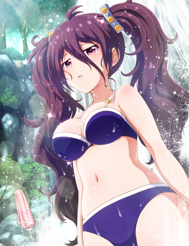 1girl battle_girl_high_school breasts brown_hair long_hair navel open_mouth pink_eyes swimsuit tied_hair tsubuzaki_anko twintails