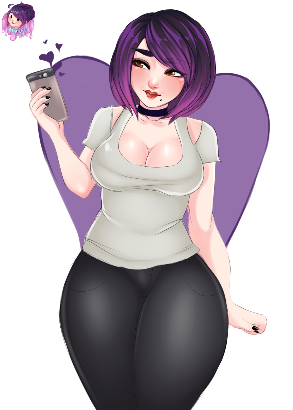 1girl artist_name beauty_mark black_nails black_pants breasts brown_eyes cleavage copyright_request curvy heart law-zilla lipstick nail_polish pants purple_hair self-portrait shirt short_hair solo thick_thighs white_shirt wide_hips