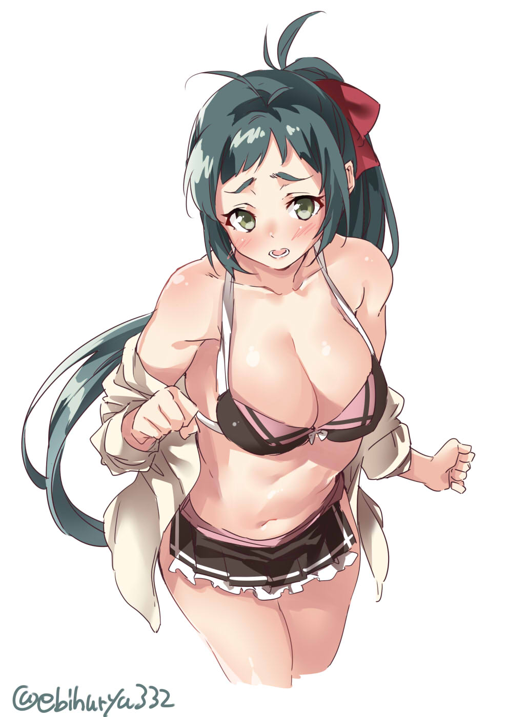 1girl bare_shoulders bikini bikini_skirt blush bow breasts cleavage clothes_down commentary ebifurya embarrassed green_eyes green_hair halter_top halterneck highres irako_(kantai_collection) kantai_collection large_breasts leaning_forward long_hair looking_at_viewer midriff navel open_clothes open_mouth open_shirt ponytail red_bow shirt simple_background solo swimsuit twitter_username white_background white_shirt