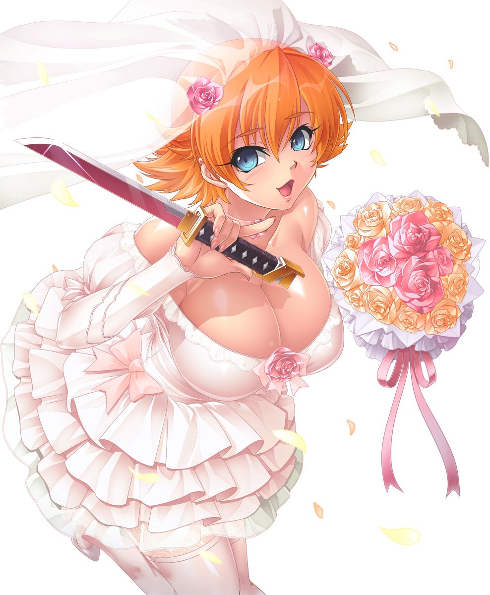 1girl bare_shoulders blonde_hair blue_eyes blush breasts bride cleavage dress female gown igawa_sakura kagami_hirotaka knife large_breasts looking_at_viewer open_mouth short_hair smile solo taimanin_(series) taimanin_asagi taimanin_asagi_battle_arena thigh-highs veil wedding_dress