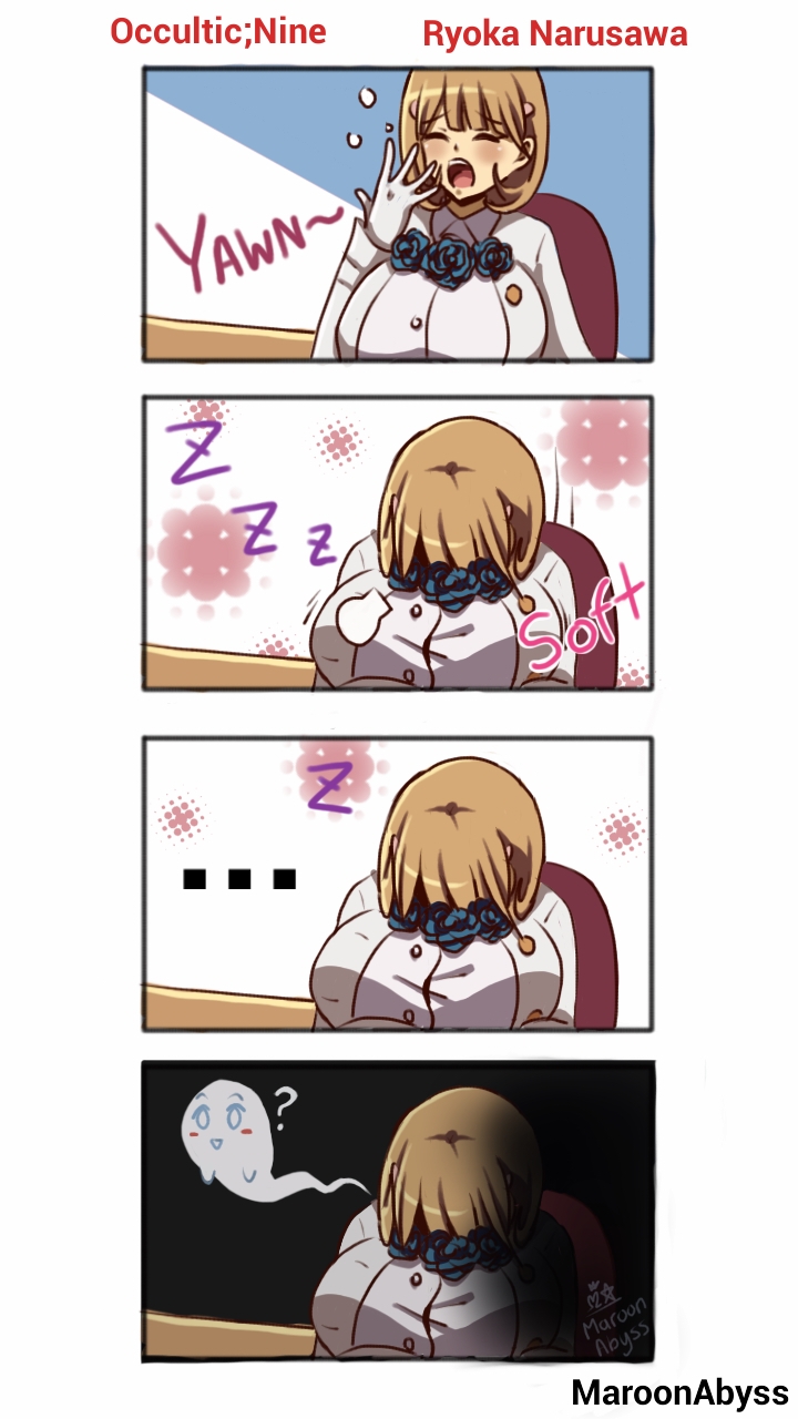 1girl 4koma breast_pillow breasts brown_eyes brown_hair comic female huge_breasts indoors narusawa_ryouka occultic;nine shiny shiny_hair sleeping solo upper_body