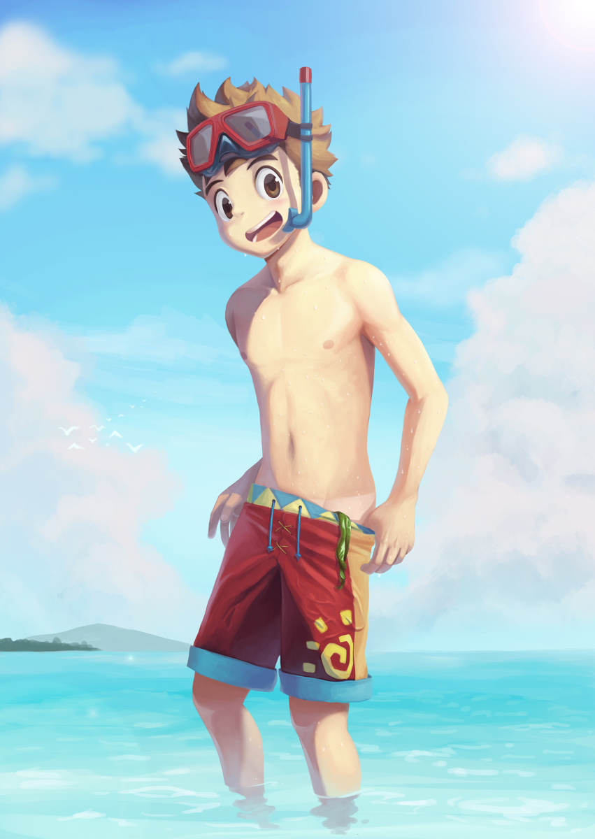1boy brown_hair goggles looking_at_viewer male_focus monster_hunter monster_hunter_stories nipples ryuuto_(monster_hunter_stories) shota sky smile snorkel solo tan tanline topless undressing water