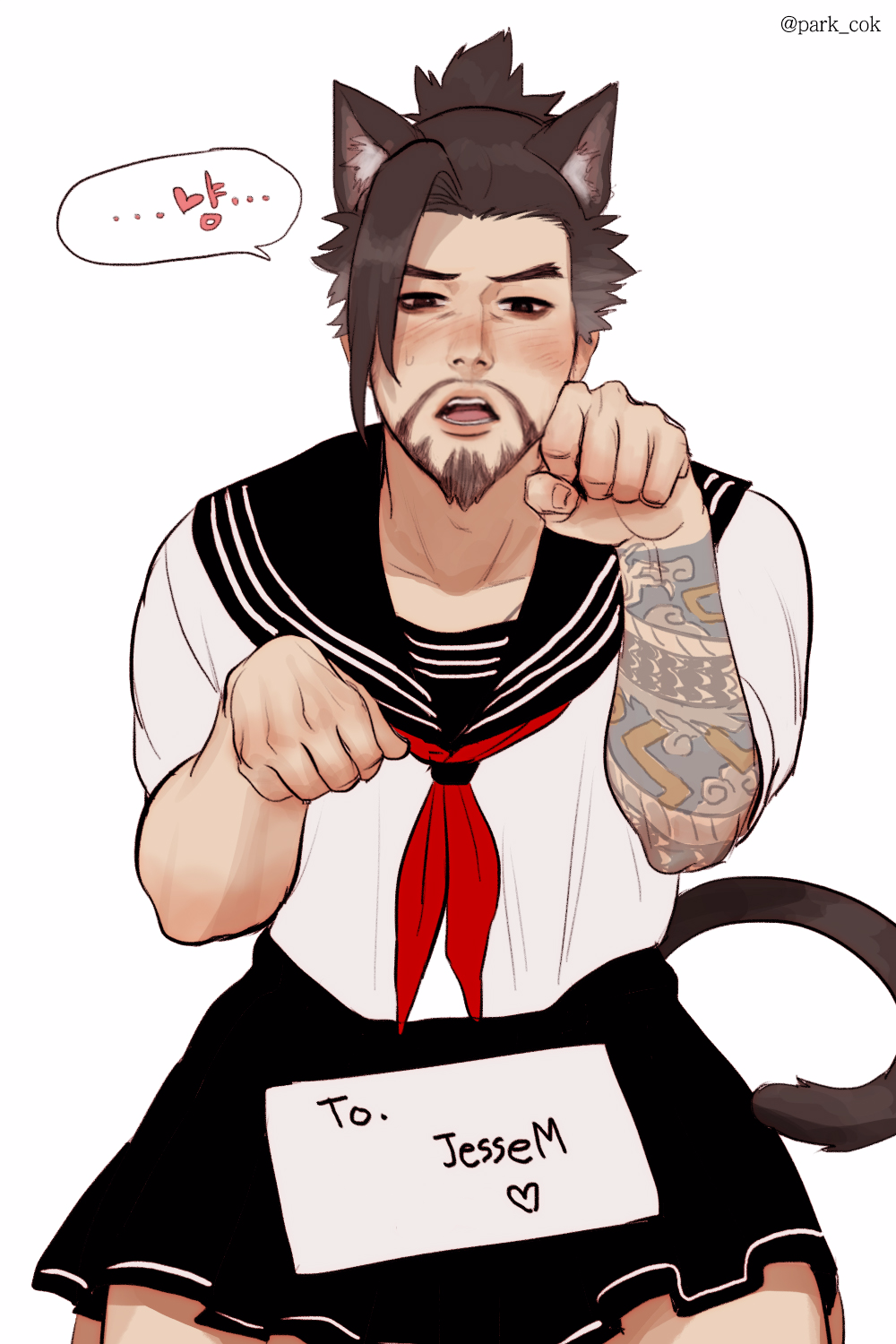 &lt;3 1boy animal_ears beard blush cat_ears cosplay costume facial_hair gift hanzo_(overwatch) looking_at_viewer male_focus note nyan open_mouth overwatch paw_pose school_uniform sitting solo sweat tagme tail tattoo teeth tongue