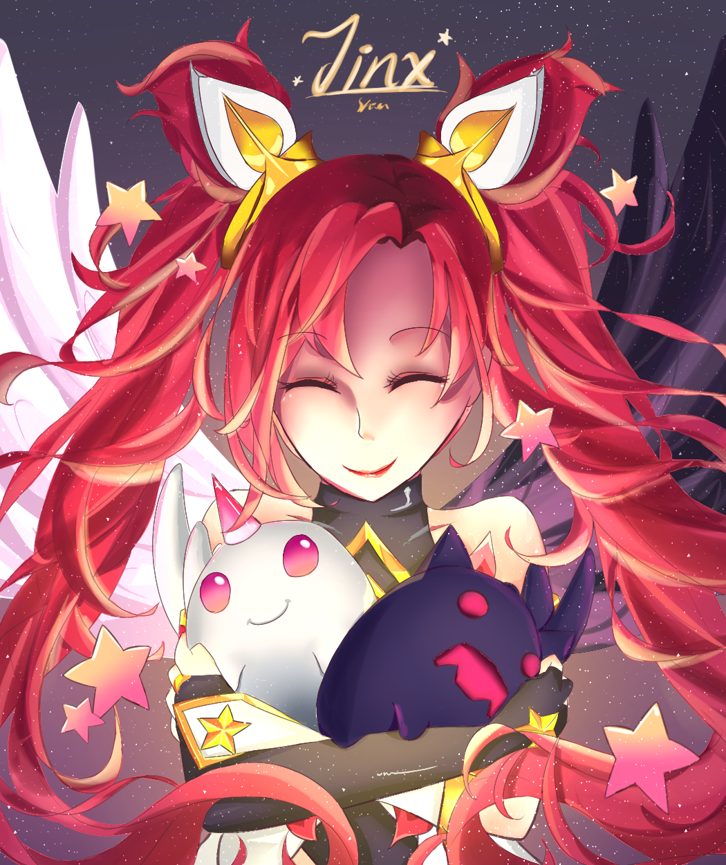 alternate_costume alternate_hair_color closed_eyes elbow_gloves fingerless_gloves gloves jinx_(league_of_legends) kuro_(league_of_legends) league_of_legends lipstick long_hair magical_girl redhead shiro_(league_of_legends) smile star_guardian_jinx twintails very_long_hair
