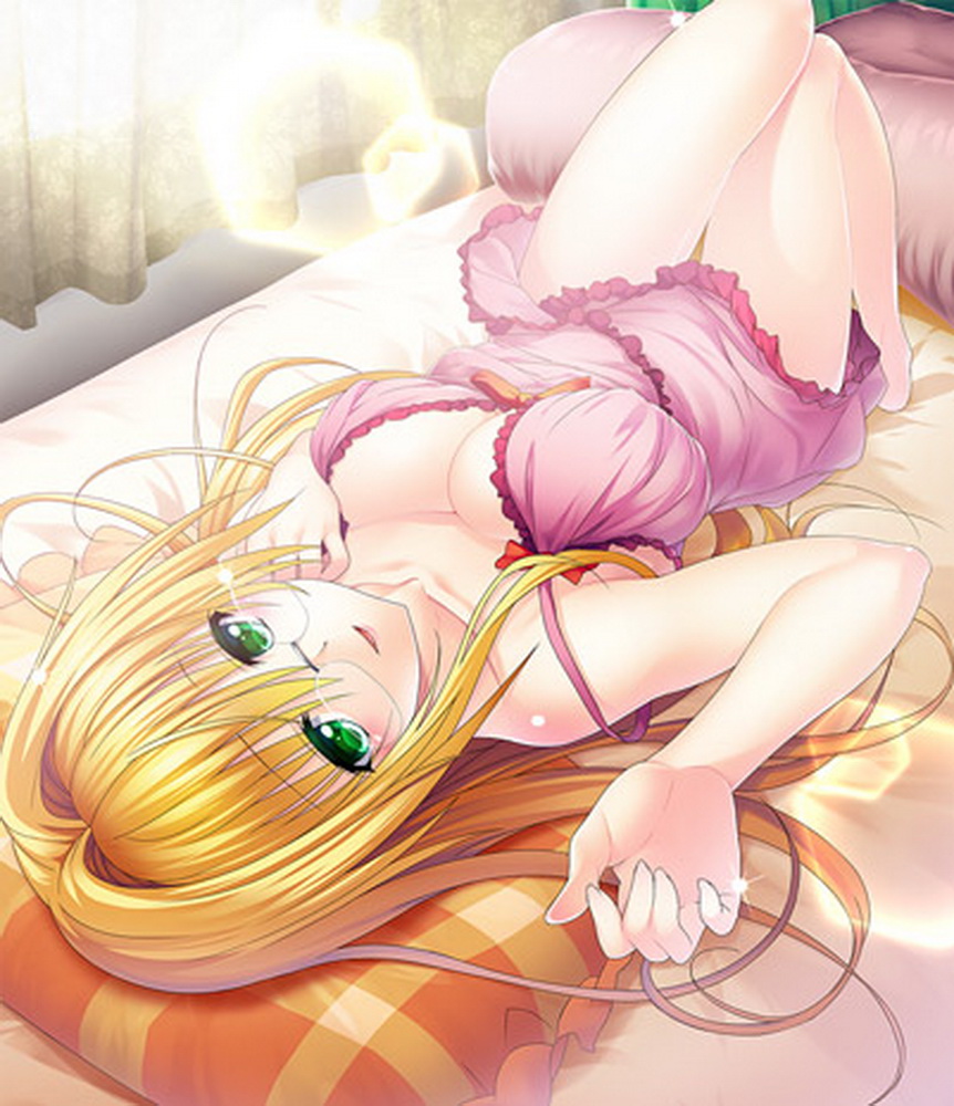 1girl arm_up bed bed_sheet blonde_hair blush breasts cleavage collarbone curtains drapes feet glasses green_eyes legs long_hair nightgown open_mouth pillow shiny solo tearju_lunatique thigh_gap thighs to_love-ru very_long_hair