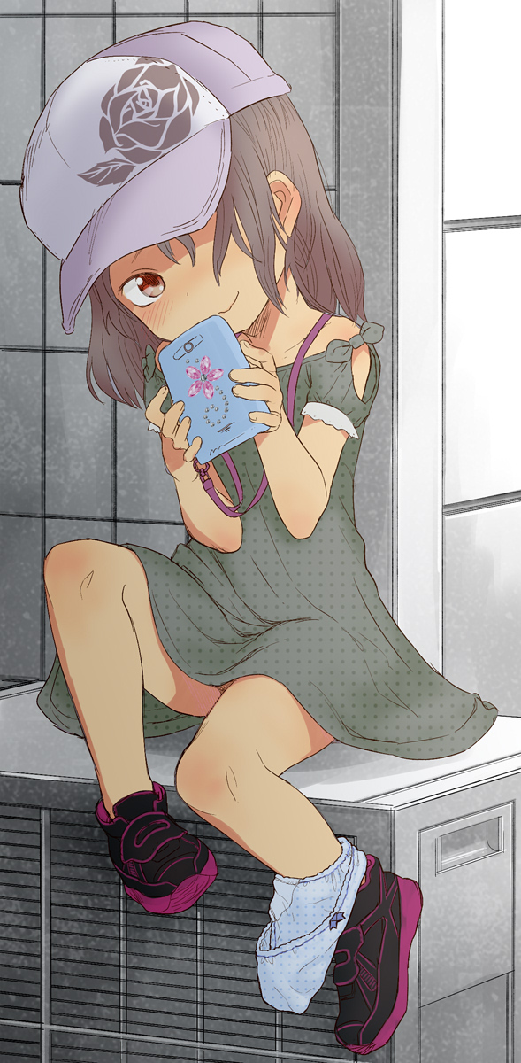 1girl baseball_cap blue_panties blush bow bow_panties brown_eyes brown_hair cellphone child closed_mouth dress hair_over_one_eye hat highres holding holding_phone kikai_(akita_morgue) long_hair looking_at_viewer one_eye_covered original panties panties_around_leg phone polka_dot polka_dot_dress polka_dot_panties shoes sitting smartphone smile sneakers solo underwear
