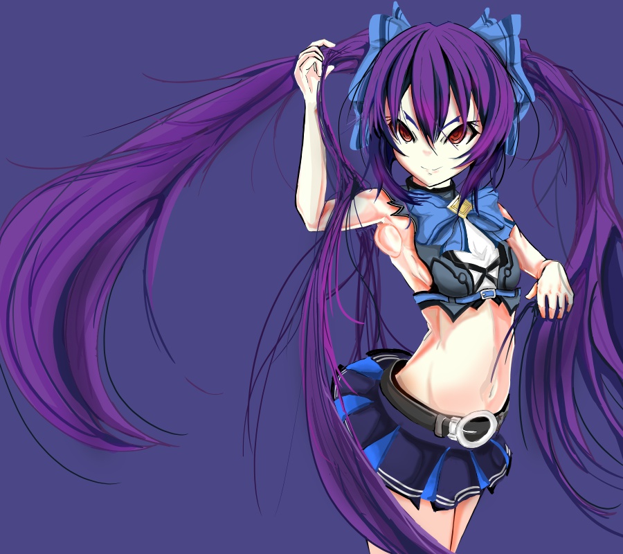 1girl arc_system_works bare_shoulders belt blazblue blazblue:_central_fiction breasts choujigen_game_neptune compile_heart cosplay detached_sleeves doll_joints hades_izanami idea_factory kami_jigen_game_neptune_v long_hair mikado_(blazblue) miniskirt neptune_(series) noire noire_(cosplay) purple_background purple_hair red_eyes simple_background skirt smile solo thigh-highs twintails very_long_hair