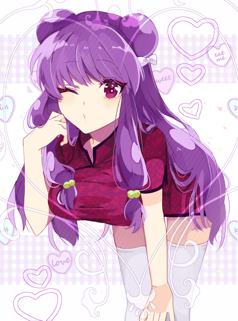 1girl china_dress chinese_clothes hand_on_own_knee highres hikagexx leaning_forward one_eye_closed purple_hair ranma_1/2 solo thigh-highs violet_eyes white_legwear wink