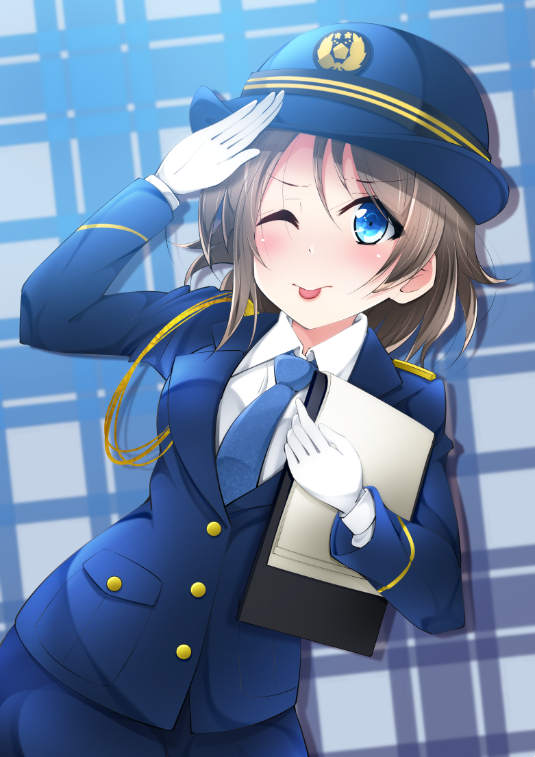 1girl ;p armband belt blue_background blue_eyes blue_neckwear breasts buttons clipboard female_service_cap gloves grey_hair hat jacket looking_at_viewer love_live! love_live!_sunshine!! necktie one_eye_closed pencil_skirt police police_hat police_uniform policewoman salute shimizu_yuu short_hair skirt smile solo tongue tongue_out uniform watanabe_you white_gloves