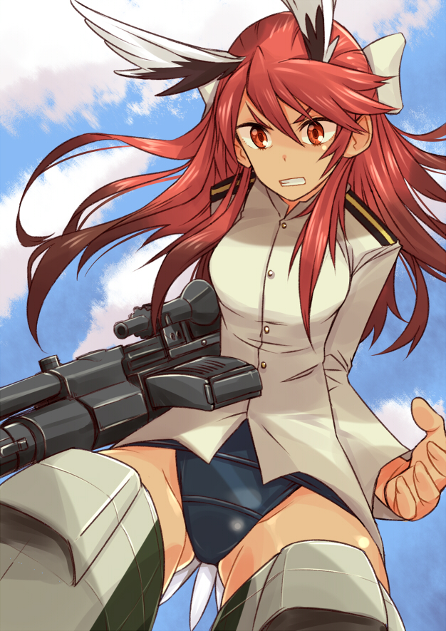 angry animal_ears brave_witches clouds day flying gluteal_fold gun hair_ribbon karibuchi_takami long_hair looking_down military military_uniform outdoors red_eyes redhead sky standing strike_witches striker_units suo_(sndrta2n) swimsuit swimsuit_under_clothes tail world_witches_series