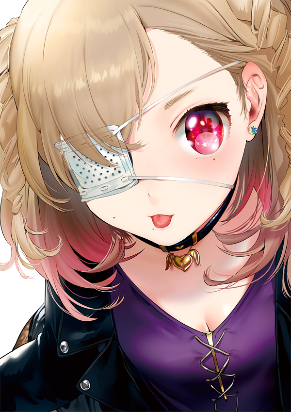 1girl :p black_jacket blonde_hair body_piercing braids choker cleavage earrings eyepatch heart jacket jewelry light_background looking_at_viewer mole ogino_atsuki open_clothes open_jacket original red_eyes shirt simple_background solo tongue white_background