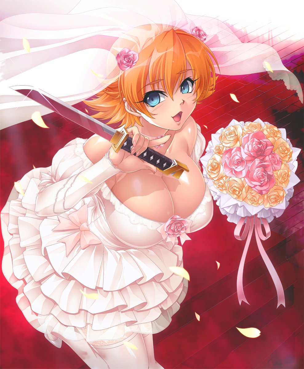 1girl bare_shoulders blonde_hair blue_eyes blush breasts bride cleavage dress female gown igawa_sakura kagami_hirotaka knife large_breasts looking_at_viewer open_mouth short_hair smile solo taimanin_(series) taimanin_asagi taimanin_asagi_battle_arena thigh-highs veil wedding_dress