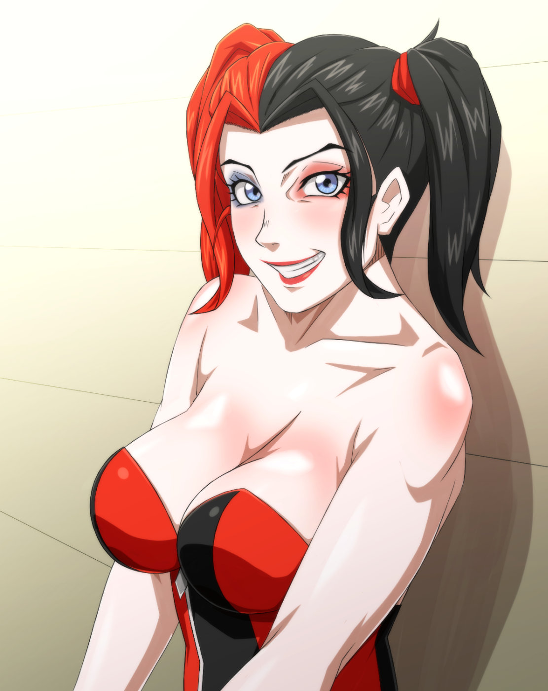 1girl black_hair blue_eyes breasts cleavage dc_comics grin harley_quinn lipstick makeup multicolored_hair redhead solo tied_hair twintails white_skin