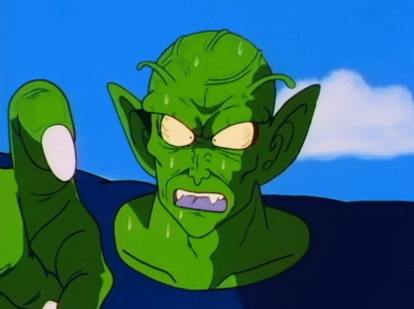 2boys 80s animated animated_gif antennae belt black_eyes black_hair bloodshot_eyes blue_sky clenched_teeth clouds dougi dragon_ball explosion fangs green_skin male_focus multiple_boys nails neck oldschool open_mouth outdoors pain piccolo_daimaou pointy_ears smoke son_gokuu tail veins wristband