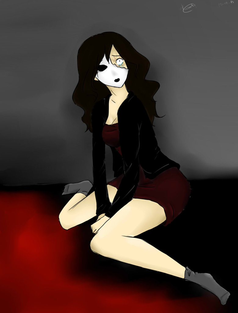 bare_legs black_coat coat creepypasta dress grey_background jane_the_killer red_floor socks