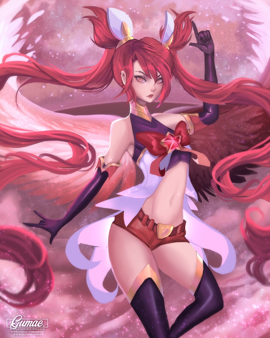 1girl alternate_costume alternate_hair_color elbow_gloves gloves jinx_(league_of_legends) league_of_legends lipstick long_hair magical_girl redhead shorts solo star_guardian_jinx thigh-highs tied_hair twintails very_long_hair wings