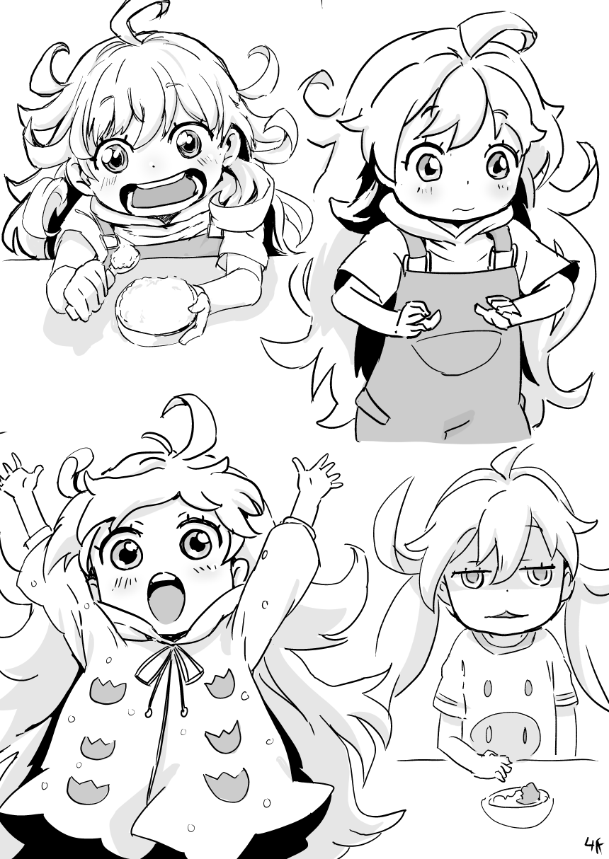 1girl 4shi :o amaama_to_inazuma child collage cowboy_shot eyebrows eyebrows_visible_through_hair holding inuzuka_tsumugi long_hair looking_at_viewer monochrome open_mouth simple_background standing white_background
