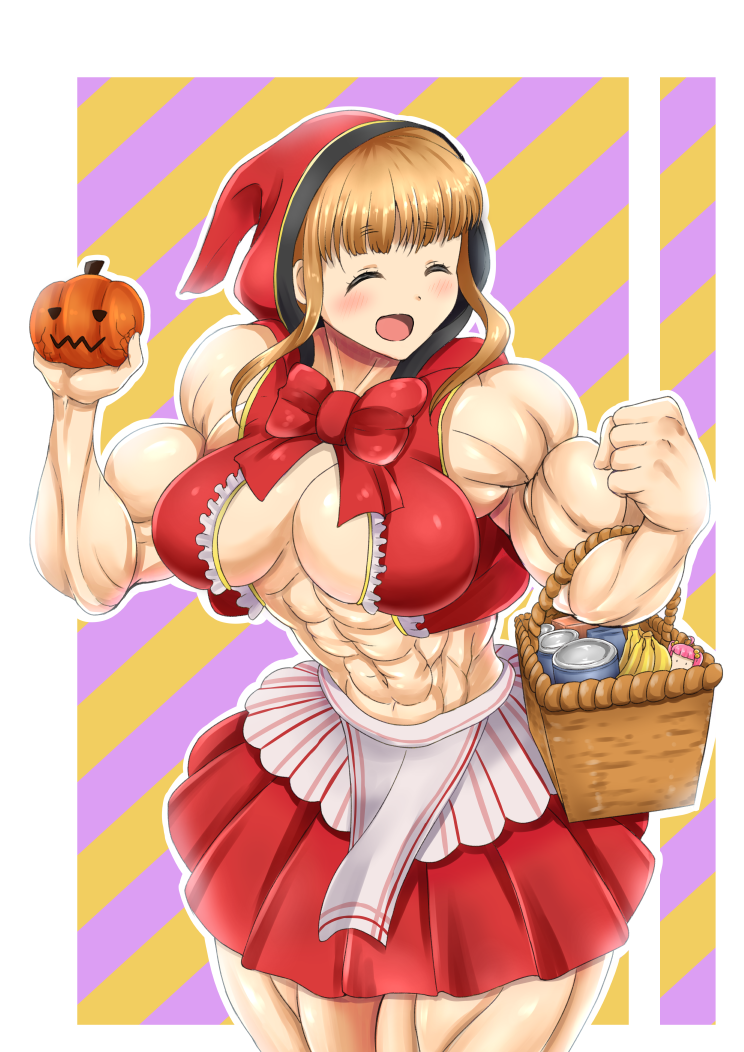 1girl abs basket biceps breasts brown_hair closed_eyes female halloween muscle red_riding_hood solo tokyo_7th_sisters tsunomori_rona