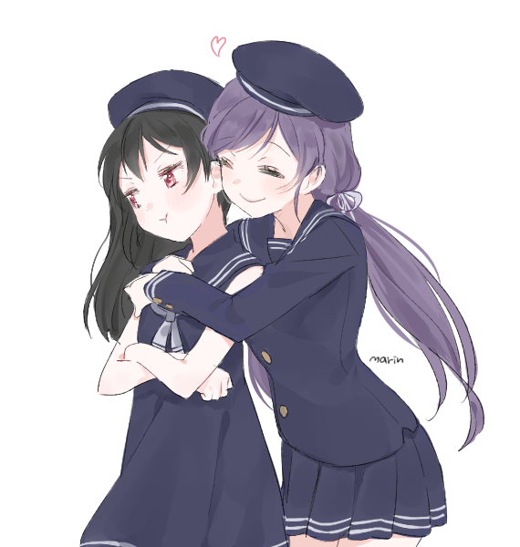 2girls alternate_hairstyle artist_name bare_shoulders black_hair blush closed_eyes closed_mouth cowboy_shot crossed_arms dress hat heart hug hug_from_behind long_hair looking_away love_live! love_live!_school_idol_project marin_(myuy_3) multiple_girls pout purple_hair red_eyes sailor_collar sailor_uniform simple_background sleeveless smile tied_hair toujou_nozomi twintails white_background yazawa_nico