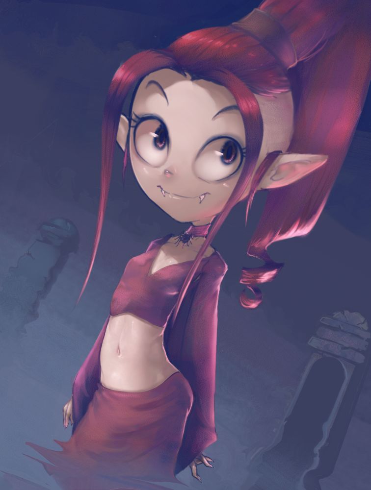 1girl collar conoghi eyebrows eyelashes fangs gruftine high_ponytail long_sleeves midriff navel pointy_ears ponytail reflection school_for_vampires shiny shiny_hair shiny_skin smile solo vampire