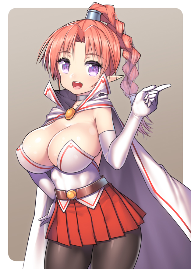 1girl blush braid breasts cape chrono_trigger cleavage collar contrapposto earrings elbow_gloves flea_(chrono_trigger) gloves hand_on_hip jewelry large_breasts long_hair looking_at_viewer microskirt nagase_haruhito open_mouth pantyhose pink_hair pleated_skirt pointy_ears ponytail red_skirt single_braid skirt smile solo standing violet_eyes