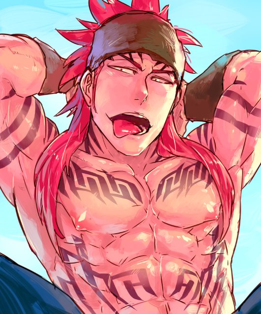 1boy bleach epcs headband male_focus muscle naughty_face nipples redhead solo tattoo tongue tongue_out