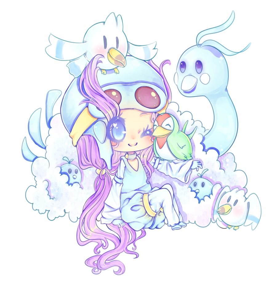 1girl ;) altaria bird blue_eyes blush chibi choker goggles goggles_on_head gym_leader heart helmet long_hair nagi_(pokemon) pokemon pokemon_(creature) pokemon_(game) pokemon_rse ponytail purple_hair sitting smile swablu taillow transparent_background wingull wink