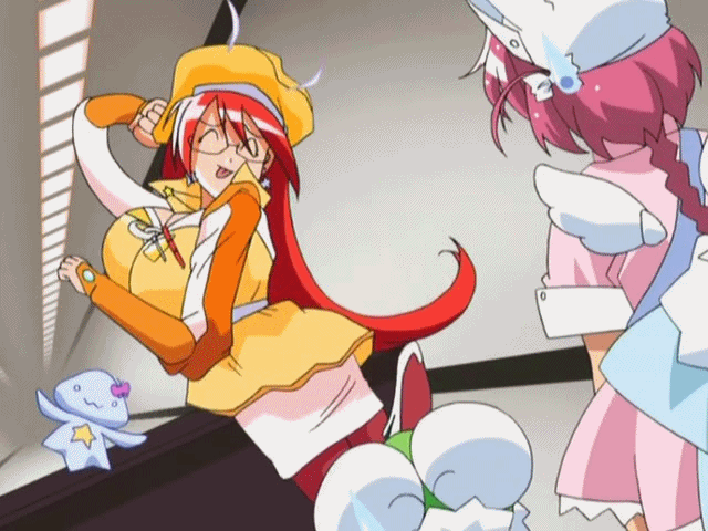 00s 2girls animated animated_gif back belt breasts cleavage closed_eyes earrings female glasses green_eyes hat huge_breasts indoors jacket jewelry leg_up lipstick long_hair magical_teacher_komachi makeup multiple_girls nakahara_komugi nurse nurse_witch_komugi-chan pink_hair red_lips redhead solo_focus star star_earrings star_necklace sweatdrop talking teacher tongue tongue_out