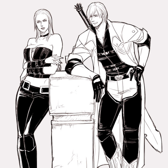 1boy 1girl breasts cleavage dante_(devil_may_cry) devil_may_cry devil_may_cry_4 large_breasts long_hair monochrome simple_background trish_(devil_may_cry)