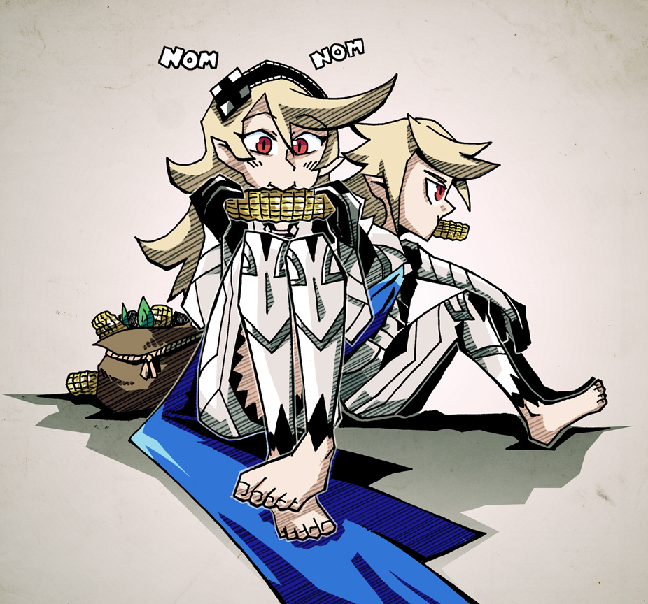 1boy 1girl barefoot blonde_hair corn dual_persona eating feet female_my_unit_(fire_emblem_if) fire_emblem fire_emblem_if grey_background hairband long_hair male_my_unit_(fire_emblem_if) my_unit_(fire_emblem_if) namesake red_eyes setz short_hair simple_background smile you're_doing_it_wrong