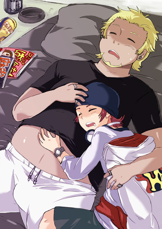 2boys bed bulge closed_eyes crotch fat k_(anime) lying male_focus multiple_boys sleeping yaoi