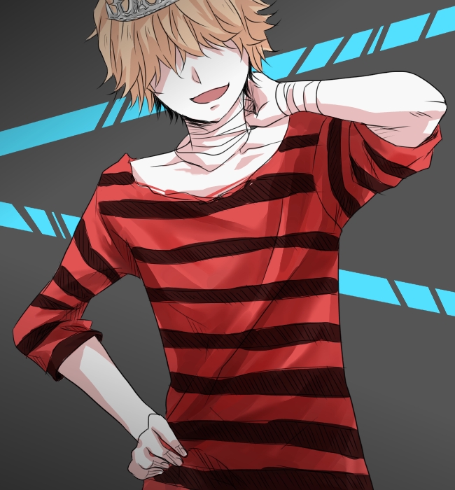 1boy bandage bandaged_arm bandaged_neck bandaged_wrist belphegor_(reborn) blonde_hair hair_over_eyes hand_on_hip katekyo_hitman_reborn male_focus open_mouth pixiv_id_3270950 simple_background smile solo striped_shirt tiara