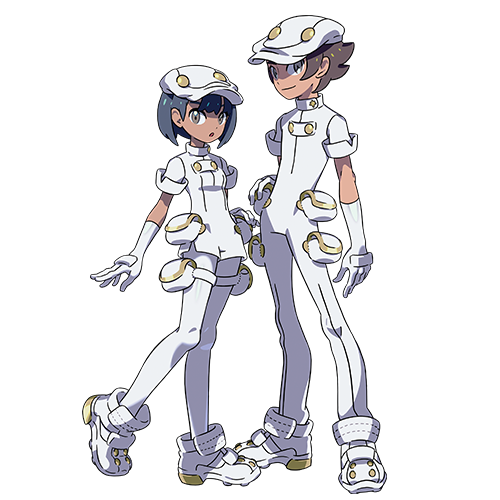 1boy 1girl aether_foundation_employee black_hair breasts brown_eyes dark_skin eyebrows flat_cap gloves hair_between_eyes hat looking_at_viewer official_art open_mouth pocket poke_ball pokemon pokemon_(game) pokemon_sm short_hair short_sleeves side_slit simple_background sleeve_cuffs small_breasts standing thigh_strap white white_background white_gloves white_hat white_legwear
