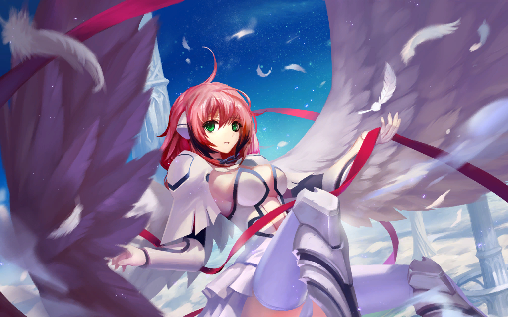 1girl angel_wings bangs boots breasts brown_eyes chains cleavage collar detached_sleeves feathered_wings female full_body grey_background highres ikaros knee_boots large_breasts liang_xing long_hair long_sleeves navel navel_cutout parted_lips pink_hair pink_lips ribbon solo sora_no_otoshimono thigh-highs tied_hair twintails very_long_hair wings