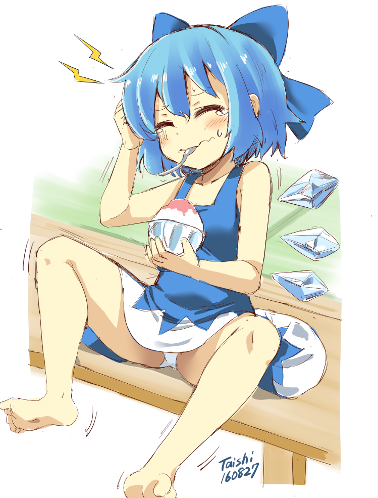 1girl 2016 artist_name barefoot blue_bow blue_dress blue_hair blush bow brain_freeze cirno closed_eyes collarbone dated dress hair_between_eyes hair_bow ice ice_wings panties pantyshot pantyshot_(sitting) shaved_ice short_hair sitting sleeveless solo spoon spoon_in_mouth taishi_(moriverine) tears touhou underwear wavy_mouth white_panties wings