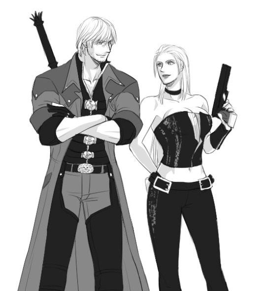 1boy 1girl breasts cleavage dante_(devil_may_cry) devil_may_cry devil_may_cry_4 large_breasts long_hair monochrome simple_background trish_(devil_may_cry) weapons white_background