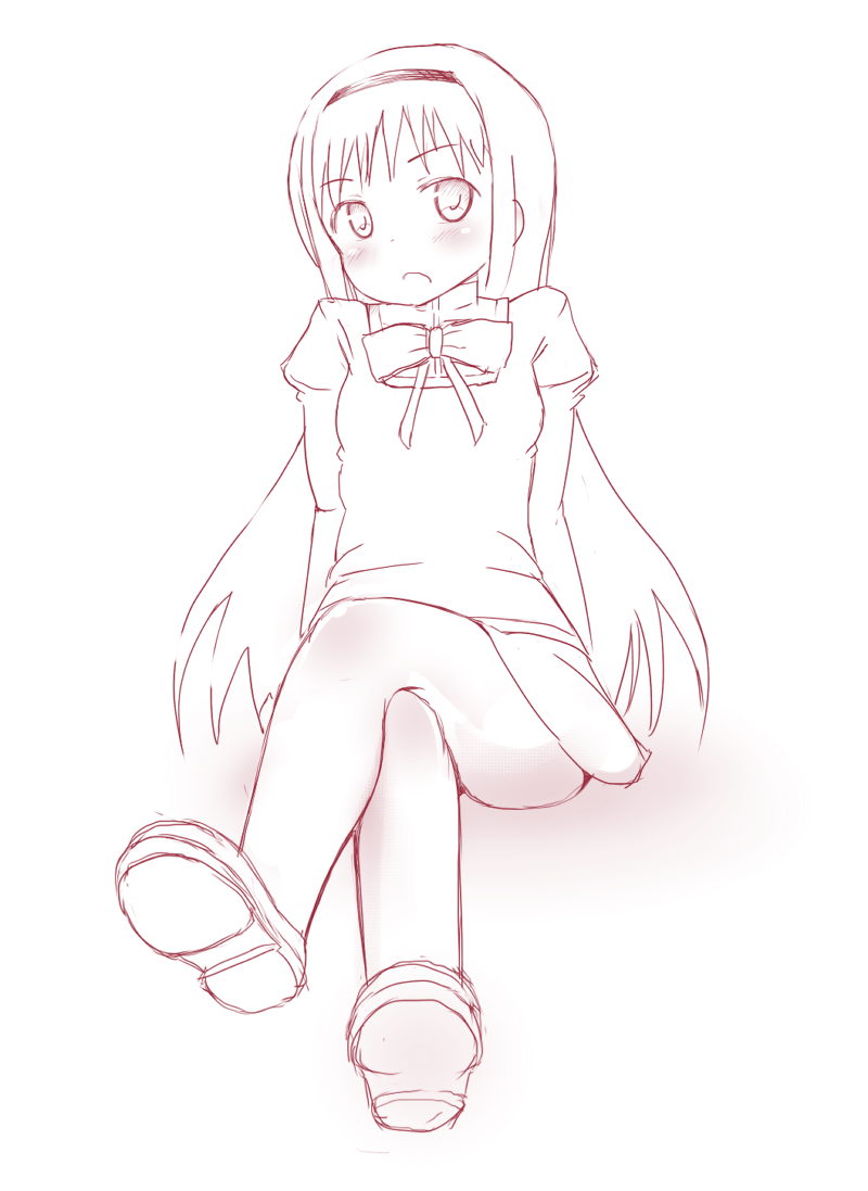 1girl akemi_homura child dress drizzlea eyebrows hairband long_hair looking_at_viewer mahou_shoujo_madoka_magica monochrome open_mouth shiny shiny_skin shoes simple_background sitting solo white white_background
