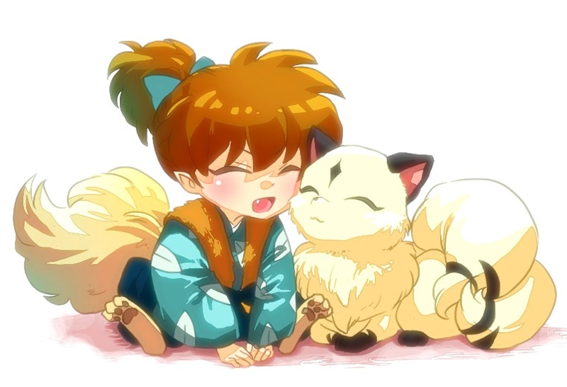 1boy bow cheek-to-cheek closed_eyes fang fox_tail inuyasha kirara kitsune leaf_print open_mouth orange_hair pixiv_id_4054463 pointy_ears ponytail shippou_(inuyasha) sitting smile vest