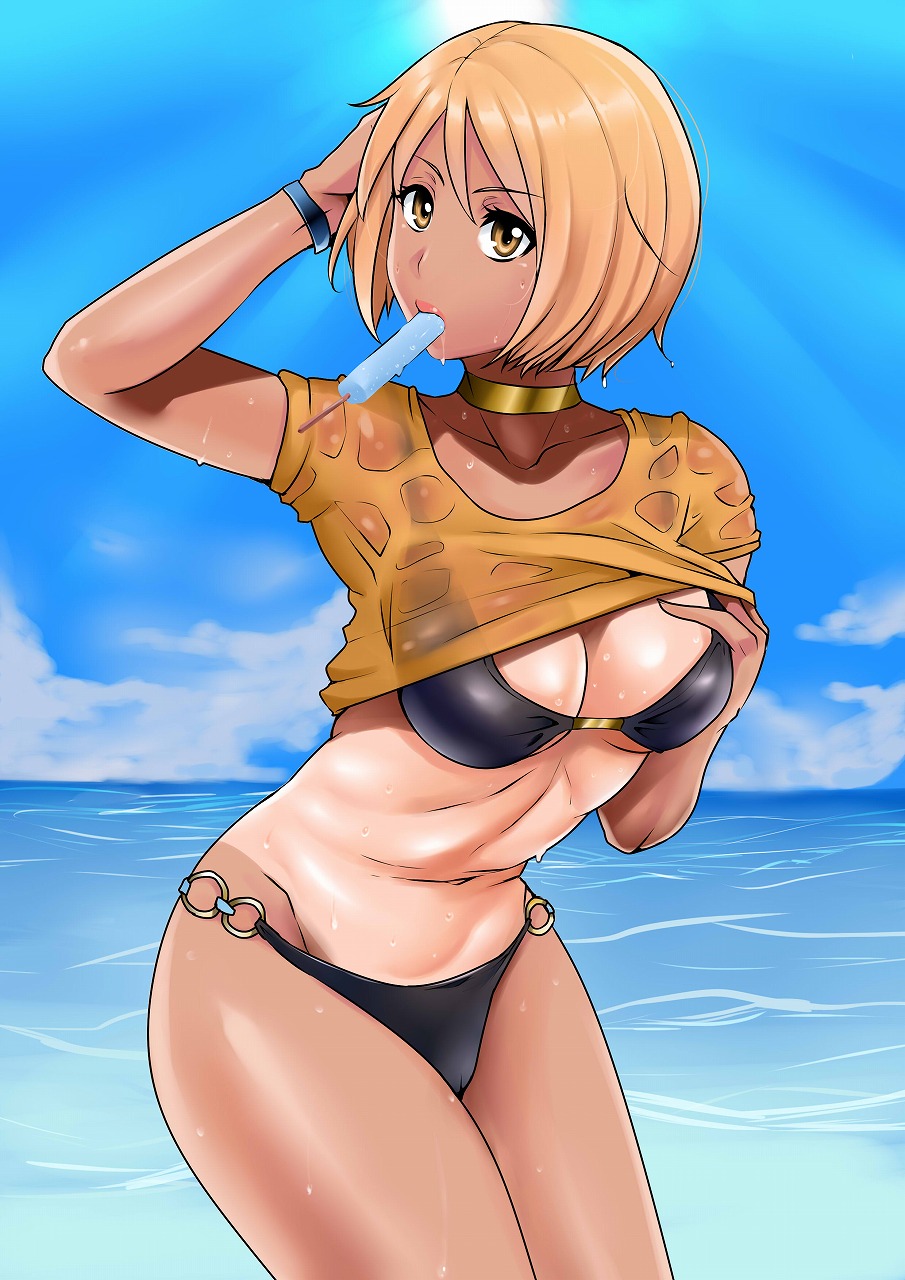 1girl bikini bracelet breasts brown_eyes brown_hair choker cholesenel cleavage jewelry large_breasts looking_at_viewer mouth_hold norma_beatty ocean one-piece_tan popsicle shiny shiny_hair shiny_skin shirt short_hair solo sunburn sweat swimsuit tales_of_(series) tales_of_legendia tan tanline wet wet_clothes